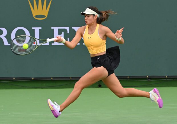 Mar 11, 2023; Indian Wells, CA, USA; Emma Raducanu (GBR) as she defeated Magda Linette (POL) in her second round match in the BNP Paribas Open at the Indian Wells Tennis Garden. Mandatory Credit: Jayne Kamin-Oncea-USA TODAY Sports