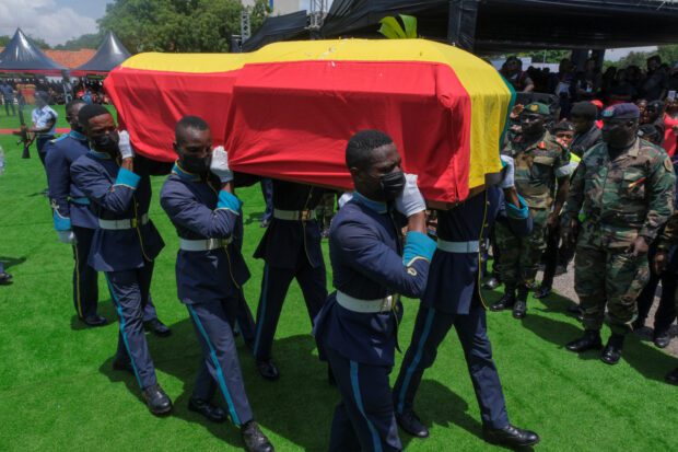 Ghanaians gather outside the country's parliament building in Accra for the state funeral of national soccer team winger Christian Atsu, who died during the earthquake in southern Turkey