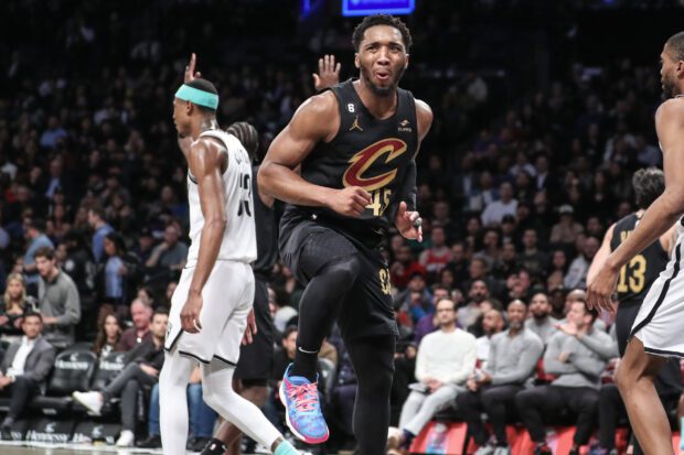 Mar 23, 2023; Brooklyn, New York, USA;  Cleveland Cavaliers guard Donovan Mitchell (45) reacts after being called for a foul in the third quarter against the Brooklyn Nets at Barclays Center. Wendell Cruz-USA TODAY Sports