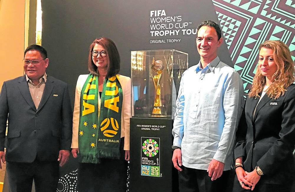 Present at the unveiling of the FIFA Women's World Cup trophy were (from left) Philippine Football Federation Secretary General Ed Gastanes, Australia's Ambassador to the Philippines Hae Kyong Yu, New Zealand's Ambassador in the Philippines, Peter Kell, and FIFA Marketing Director, Sarah Gandoin. 