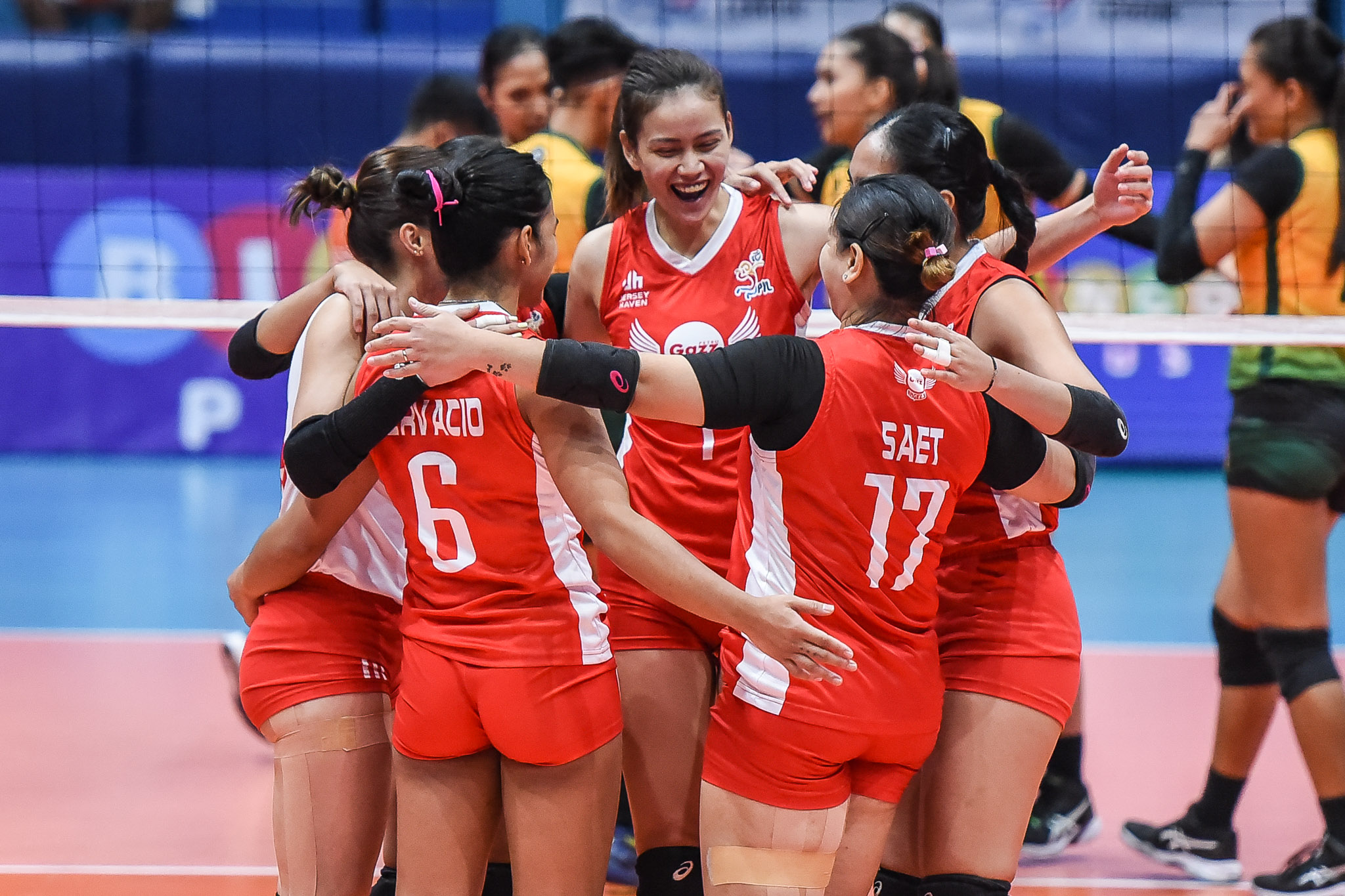 Petro Gazz Angels celebrate a point against the Army Black Mamba in a PVL All-Filipino Conference. –PVL PHOTO