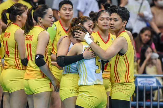 F2 Logistics react after losing in the PVL All-Filipino conference. ––PVL PHOTO 