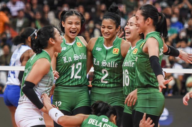 The Lady Archers celebrate a big point against Ateneo. —UAAP PHOTO
