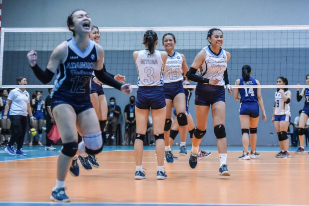 Adamson Baby Falcons celebrate Game 2 in the UAAP girls volleyball finals. –UAAP PHOTO