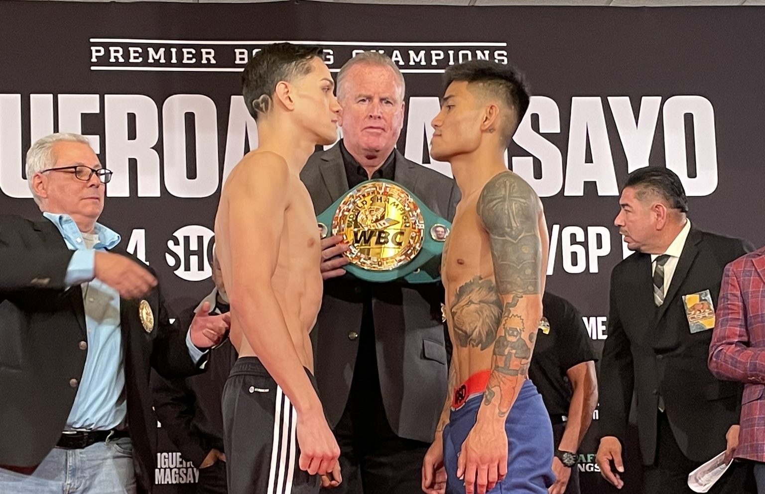 Mark Magsayo and  Brandon Figueroa face off after the weigh-in for the WBC interim featherweight title. –SHOWTIME BOXING