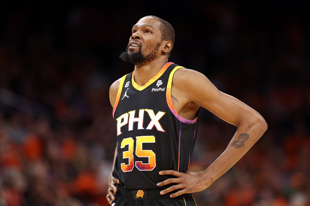 (FILES) In this file photo taken on April 25, 2023 Kevin Durant #35 of the Phoenix Suns reacts during the second quarter against the LA Clippers in game five of the Western Conference First Round Playoffs at Footprint Center in Phoenix, Arizona. -