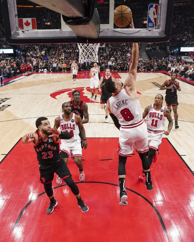 Zach LaVine #8 of the Chicago Bulls goes to the basket against Fred VanVleet #23 of the Toronto Raptors during the 2023 Play-In Tournament at the Scotiabank Arena on April 12, 2023 in Toronto, Ontario, Canada.  NOTE TO USER: User expressly acknowledges and agrees that, by downloading and/or using this Photograph, user is consenting to the terms and conditions of the Getty Images License Agreement.  Andrew Lahodynskyj/Getty Images/AFP (Photo by Andrew Lahodynskyj / GETTY IMAGES NORTH AMERICA / Getty Images via AFP)