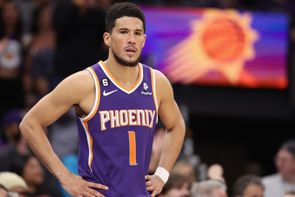 Devin Booker #1 of the Phoenix Suns during the second half of the NBA game at Footprint Center on March 29, 2023 in Phoenix, Arizona.
