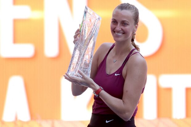 Petra Kvitova of Czech Republic poses with the Butch Buchholz Trophy after defeating Elena Rybakina of Kazakhstan during the Women's Final of the Miami Open at Hard Rock Stadium on April 01, 2023 in Miami Gardens, Florida.   