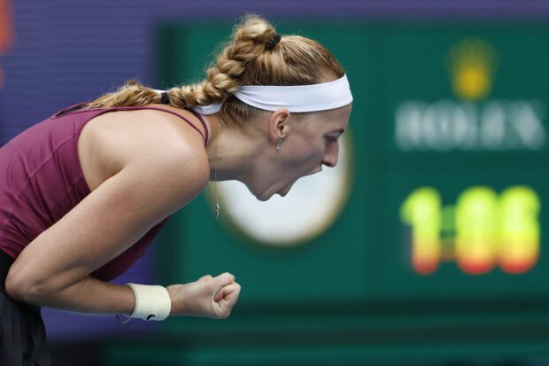 Petra Kvitova (CZE) reacts after winning a first set tiebreaker against Elena Rybakina (KAZ) (not pictured) in the women's singles final on day thirteen of the Miami Open at Hard Rock Stadium. Mandatory Credit: Geoff Burke-USA TODAY Sports