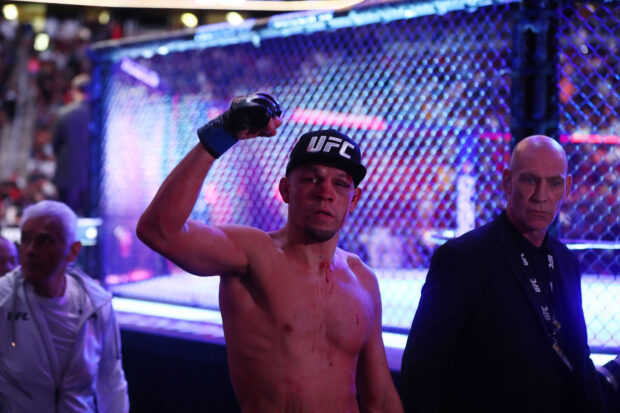 FILE PHOTO: Jun 12, 2021; Glendale, Arizona, USA; Nate Diaz reacts following his loss against Leon Edwards during UFC 263 at Gila River Arena