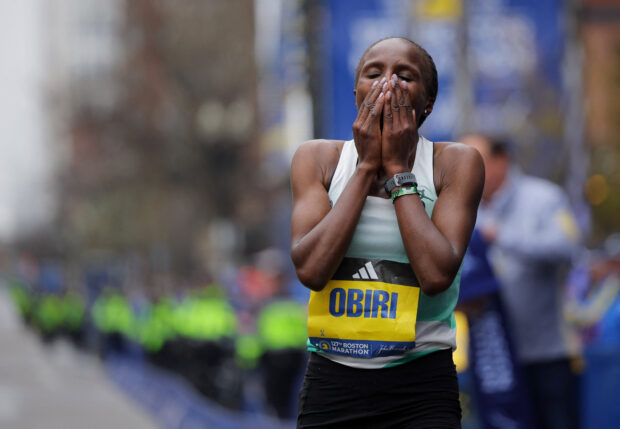 Athletics - The 127th Boston Marathon - Boston, Massachusetts, U.S. - April 17, 2023 Kenya's Hellen Obiri celebrates after winning the elite women's race 