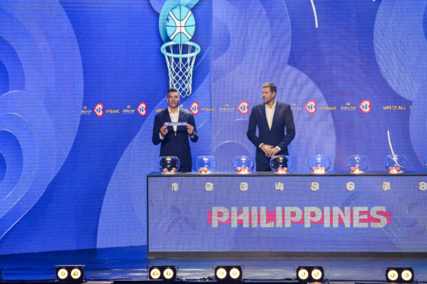 Former NBA players Luis Scola and Dirk Nowitzki at the Fiba World Cup draw at Smart Araneta Coliseum.  – MARLO CUETO/INQUIRER.net