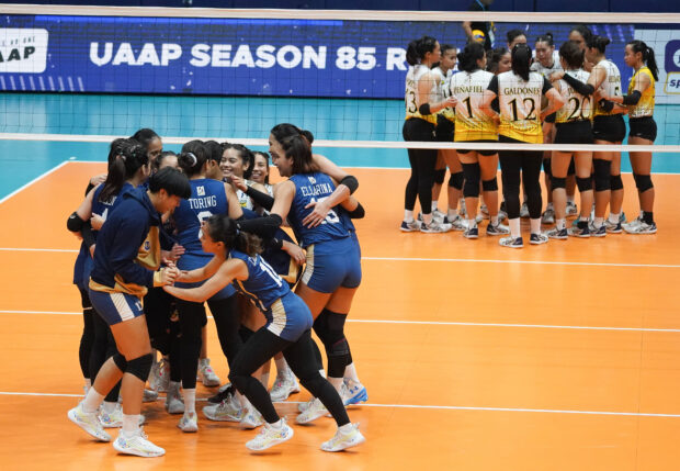 The Lady Bulldogs (in blue) celebrate their vengeful defanging of the Tigresses, who are left to ponderon what lies ahead with their Final Four ranking uncertain. 
