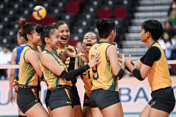FEU Lady Tamaraws celebrate much-needed win over Ateneo Blue Eagles.  -UAAP PHOTO