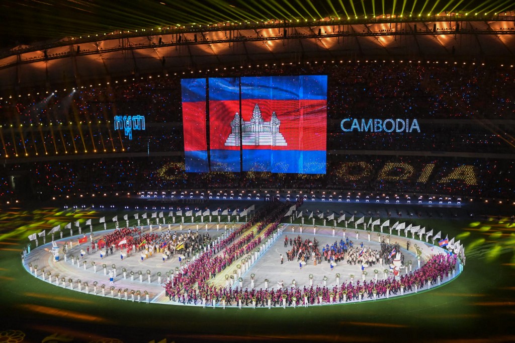 The delegation from the host Cambodia parades during the opening ceremony of the 32nd Southeast Asian Games (SEA Games) at the Morodok Techo National Stadium in Phnom Penh on May 5, 2023. 