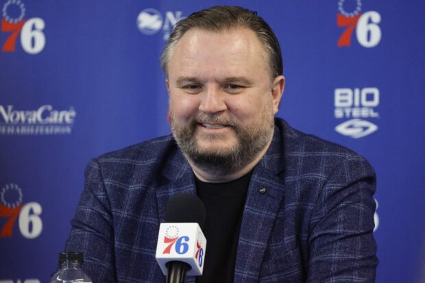 CAMDEN, NEW JERSEY - FEBRUARY 15: President of basketball operations Daryl Morey looks on during a press conference at the Seventy Sixers Practice Facility on February 15, 2022 in Camden, New Jersey.   