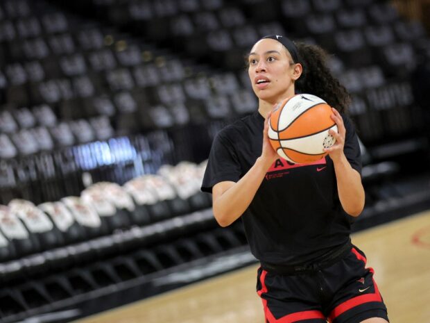 LAS VEGAS, NEVADA - AUGUST 31: Dearica Hamby #5 of the Las Vegas Aces warms up before Game Two of the 2022 WNBA Playoffs semifinals against the Seattle Storm at Michelob ULTRA Arena on August 31, 2022 in Las Vegas, Nevada. 