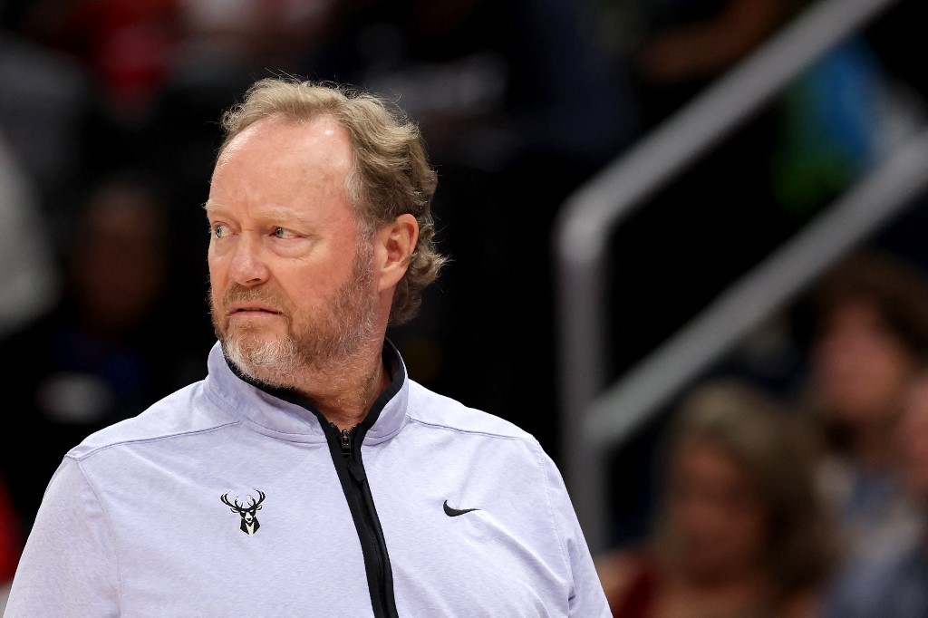  Head coach Mike Budenholzer of the Milwaukee Bucks looks on against the Washington Wizards at Capital One Arena on April 04, 2023 in Washington, DC. 