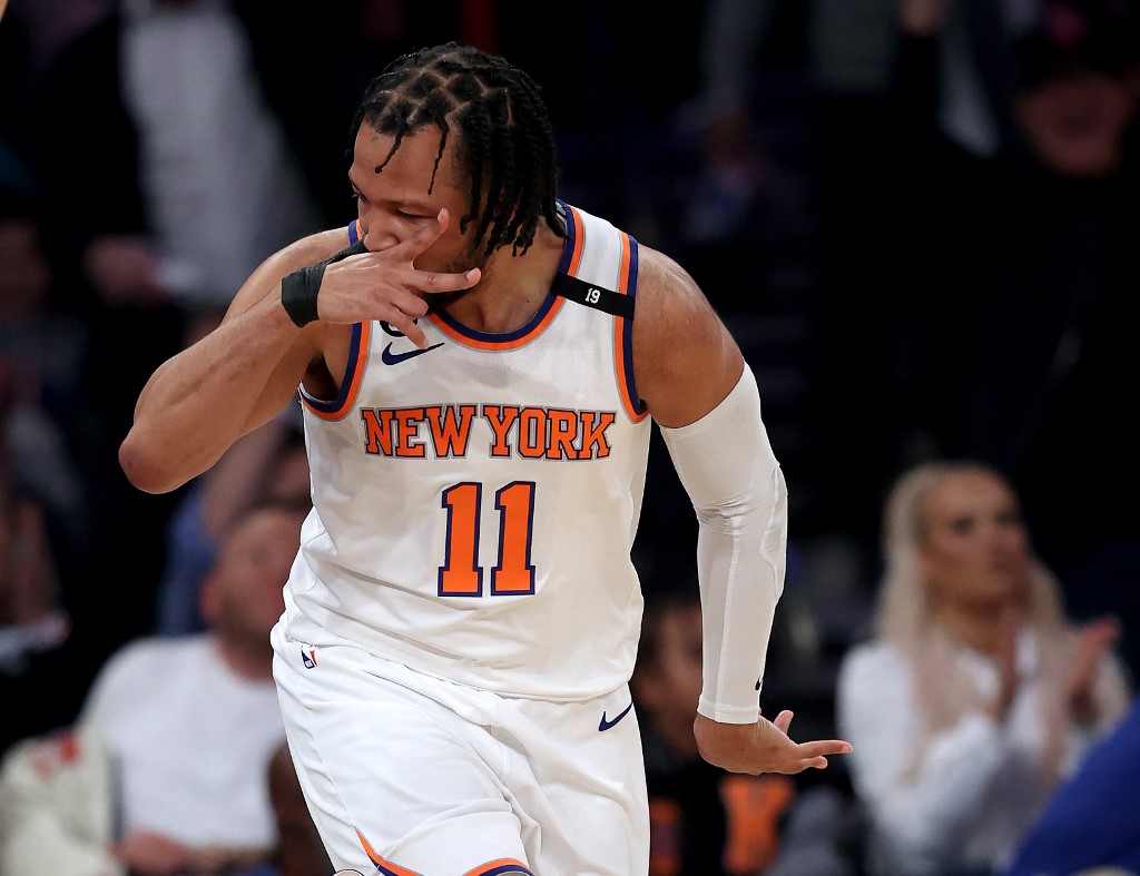 Jalen Brunson #11 of the New York Knicks celebrates his three point shot in the first half against the Miami Heat during game two of the Eastern Conference Semifinals at Madison Square Garden on May 02, 2023 in New York City.