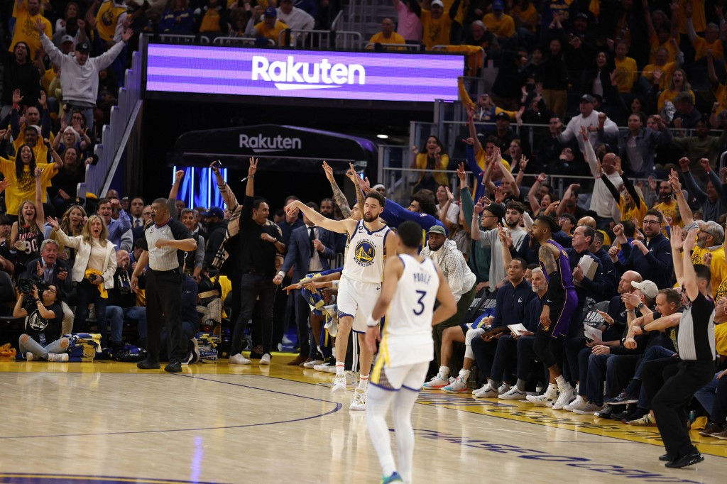   Klay Thompson #11 of the Golden State Warriors reacts to a basket against the Los Angeles Lakers during the second quarter in game two of the Western Conference Semifinal Playoffs at Chase Center on May 04, 2023 in San Francisco, California. 