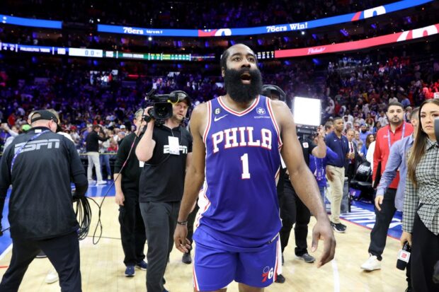 James Harden #1 of the Philadelphia 76ers celebrates after defeating the Boston Celtics in overtime of game four of the Eastern Conference Second Round Playoffs at Wells Fargo Center on May 07, 2023 in Philadelphia, Pennsylvania.