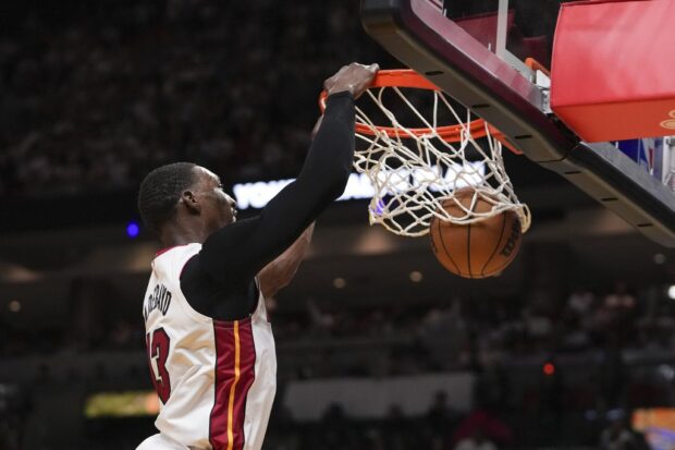 ks the basketball during game four of the Eastern Conference Semifinals against the New York Knicks at Kaseya Center on May 08, 2023 in Miami, Florida. The Heat won the game 109-101. 