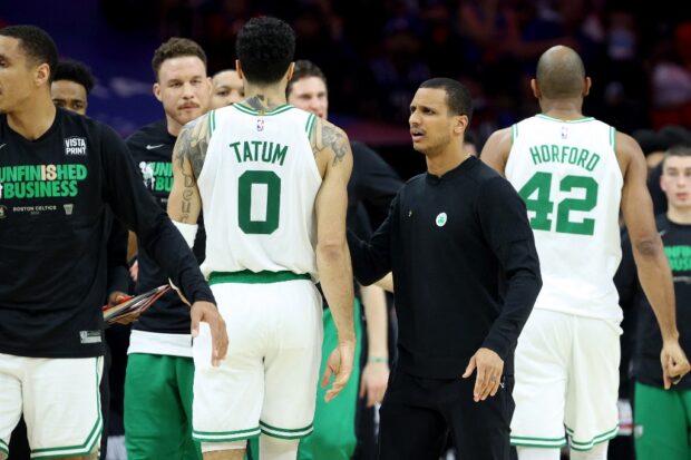 Head coach Joe Mazzulla of the Boston Celtics talks with Jayson Tatum #0 against the Philadelphia 76ers during the second quarter in game six of the Eastern Conference Semifinals in the 2023 NBA Playoffs at Wells Fargo Center on May 11, 2023 in Philadelphia, Pennsylvania.