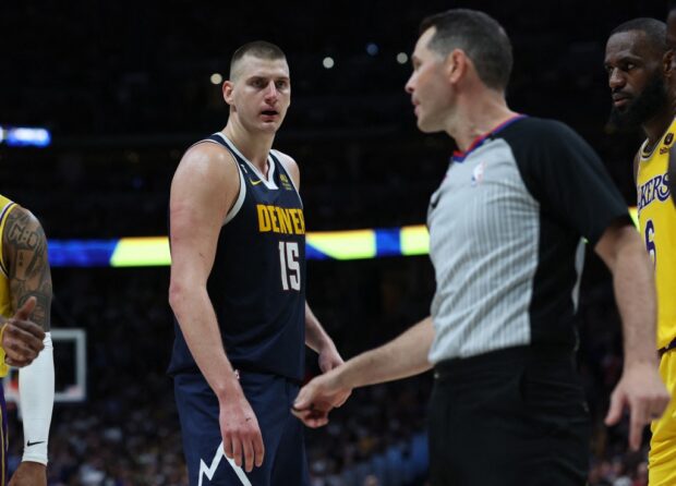 Nikola Jokic #15 of the Denver Nuggets reacts after a call during the third quarterback against the Los Angeles Lakers in game two of the Western Conference Finals at Ball Arena on May 18, 2023 in Denver, Colorado.
