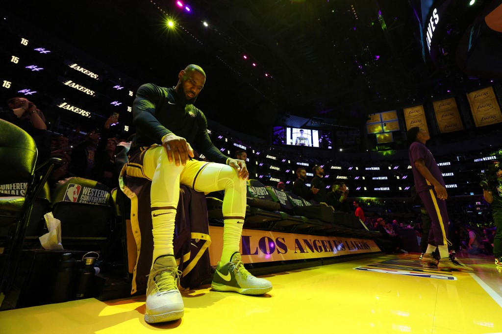 LeBron James #6 of the Los Angeles Lakers reacts prior to game four of the Western Conference Finals against the Denver Nuggets at Crypto.com Arena on May 22, 2023 in Los Angeles, California.