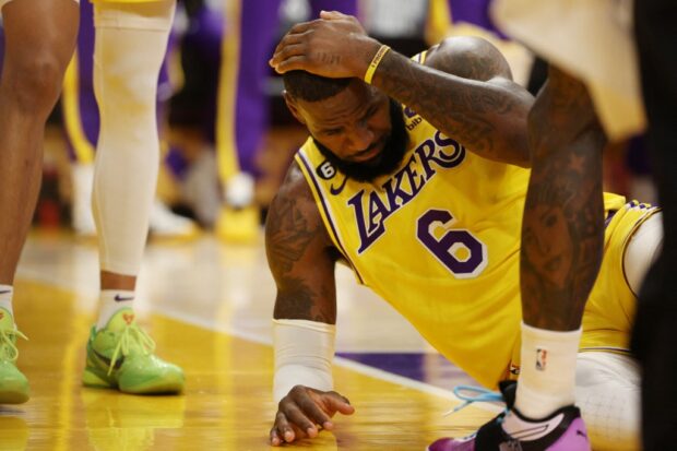 LeBron James #6 of the Los Angeles Lakers reacts after being fouled during the first quarter against the Denver Nuggets in game four of the Western Conference Finals at Crypto.com Arena on May 22, 2023 in Los Angeles, California. 