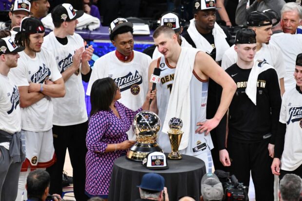 Nikola Jokic #15 of the Denver Nuggets is interviewed following the series clinching victory against the Los Angeles Lakers in game four of the Western Conference Finals at Crypto.com Arena on May 22, 2023 in Los Angeles, California. 