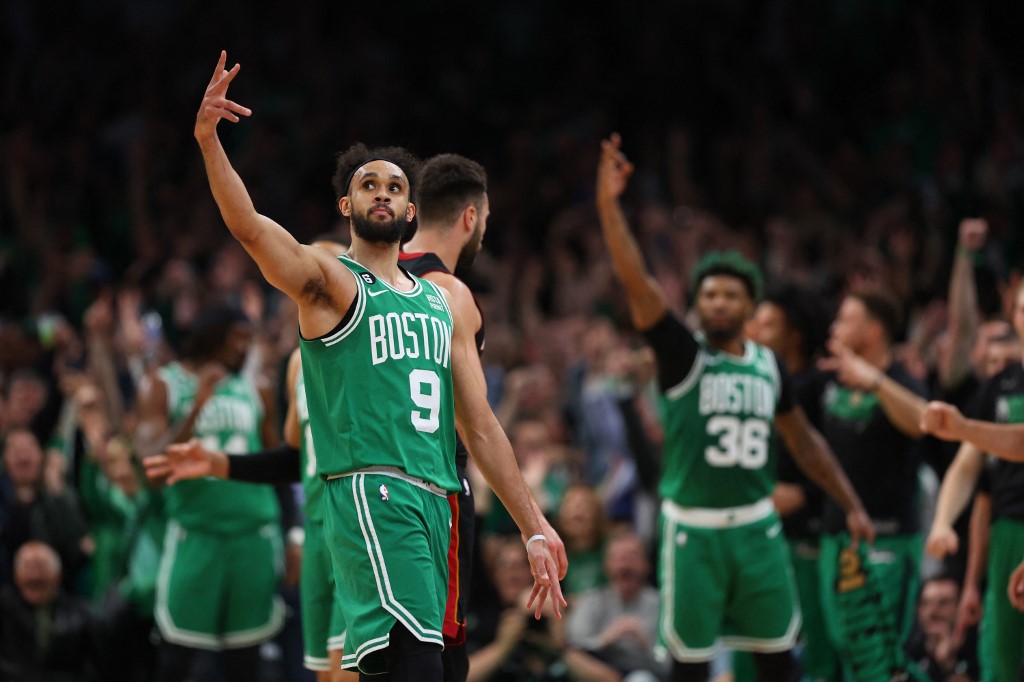  Derrick White #9 of the Boston Celtics reacts to a three point basket during the first quarter M in game five of the Eastern Conference Finals at TD Garden on May 25, 2023 in Boston, Massachusetts.