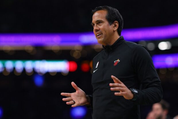 Miami Heat head coach Erik Spoelstra calls out to his team against the Boston Celtics during the first quarter in game five of the Eastern Conference Finals at TD Garden on May 25, 2023 in Boston, Massachusetts.