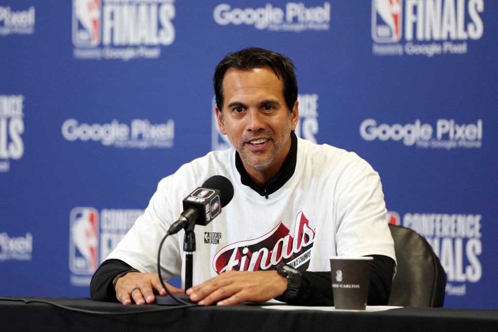 Head coach Erik Spoelstra of the Miami Heat speaks during a press conference after the Miami Heat defeated the Boston Celtics 103-84 in game seven of the Eastern Conference Finals at TD Garden on May 29, 2023 in Boston, Massachusetts.
