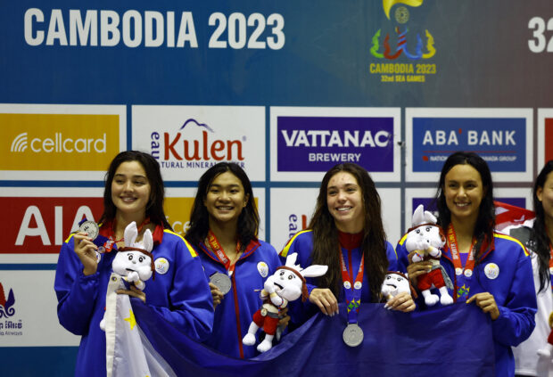 Southeast Asian Games - Swimming - Morodok Techo National Aquatics Center, Phnom Penh, Cambodia - May 11, 2023 Philippines' team celebrates winning silver in women's 4x100m medley relay 