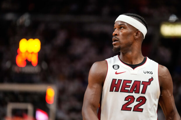 May 27, 2023; Miami, Florida, USA; Miami Heat forward Jimmy Butler (22) looks to the score board in the second quarter during game six of the Eastern Conference Finals for the 2023 NBA playoffs at Kaseya Center. 