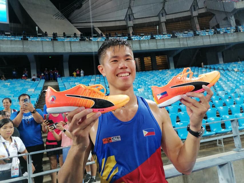 Gold medalist pole vault EJ Obiena with the spikes he used in his SEA Games 2023 campaign in Cambodia. 