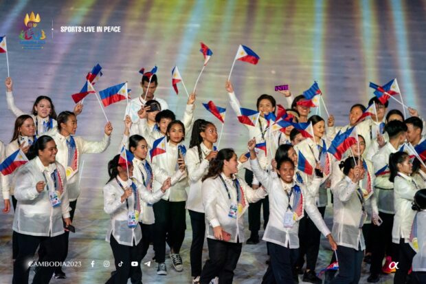 The delegation from the Philippines parades during the opening ceremony of the 32nd Southeast Asian Games (SEA Games) at the Morodok Techo National Stadium in Phnom Penh on May 5, 2023. –CAMBODIA 2023 PHOTO