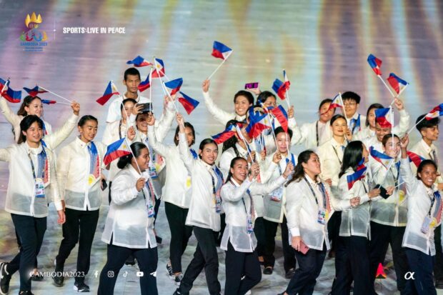 The delegation from the Philippines parades during the opening ceremony of the 32nd Southeast Asian Games (SEA Games) at the Morodok Techo National Stadium in Phnom Penh on May 5, 2023. –CAMBODIA 2023 PHOTO