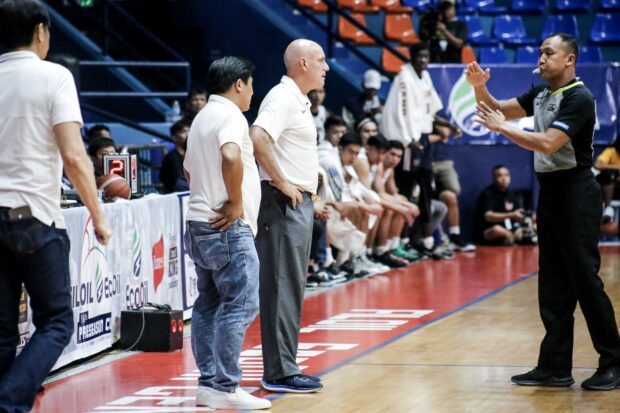 Ateneo coach Tab Baldwin arguing with the game officials. –FILOIL PHOTO