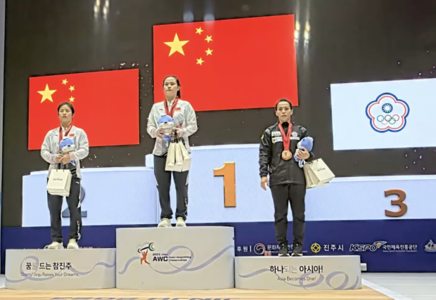 Women's 59-kilogram podium finishers in the Asian Championships 2023. 