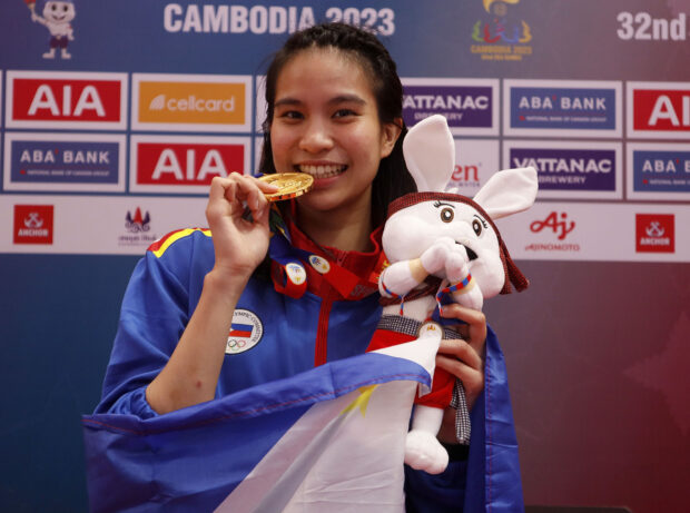 Jaime Christine Lim wins the gold in karate women's kumite 61kg.