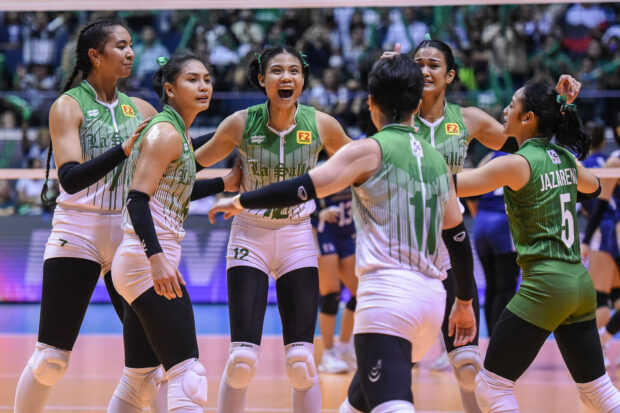Angel Canino and the La Salle Lady Spikers during Game 1 of the UAAP Season 85 women's volleyball finals. UAAP PHOTO