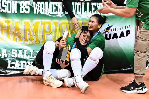Mars Alba celebrates winning the UAAP championship in her final year with La Salle.  -UAAP PHOTO