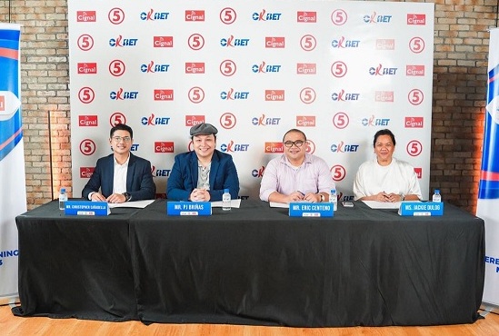  OKBet Brand Director, Christopher Cañadella; OKBet Assistant Business Director, PertereanBriñas; Cignal TV Vice President for Content Innovations, Solutions, and Channel Sales, Eric Centeno; and TV5 Cluster Head, Jackie Dulog, posing together after signing the sponsorship agreement for the 2023 FIBA coverage