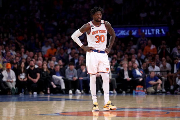  Julius Randle #30 of the New York Knicks reacts against the Miami Heat during the fourth quarter in game five of the Eastern Conference Semifinals in the 2023 NBA Playoffs at Madison Square Garden on May 10, 2023 in New York 