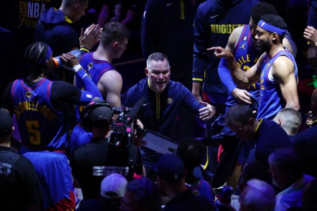 Head coach Michael Malone of the Denver Nuggets gives instructions during a timeout during the fourth quarter against the Miami Heat in Game One of the 2023 NBA Finals at Ball Arena on June 01, 2023 in Denver, Colorado. 