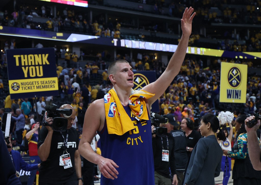  Nikola Jokic #15 of the Denver Nuggets reacts after a 104-93 victory against the Miami Heat in Game One of the 2023 NBA Finals at Ball Arena on June 01, 2023 in Denver, Colorado.