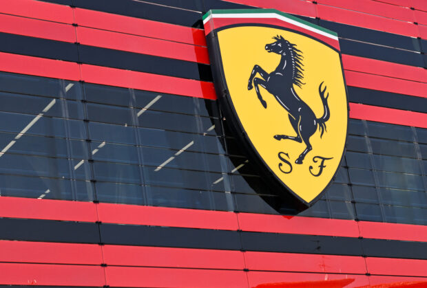 he logo of Ferrari is seen in the headquarters as CEO Benedetto Vigna unveils the company's new long term strategy, in Maranello, Italy, June 15, 2022. Picture taken June 15, 2022. REUTERS/Flavio Lo Scalzo